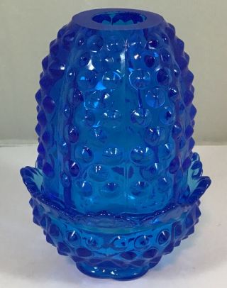 Vintage Fenton Art Glass Colonial Blue Hobnail Fairy Lamp Candle Tea Light