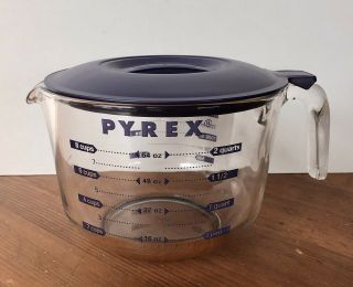 Vintage Pyrex 8 Cups 2 Qt 64 Oz Blue Lettering Glass Measuring Cup Bowl W/ Lid