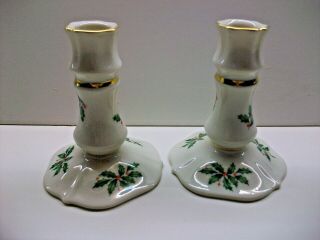 Lenox Holiday Candlesticks Taper Candle Holder Holly & Berries