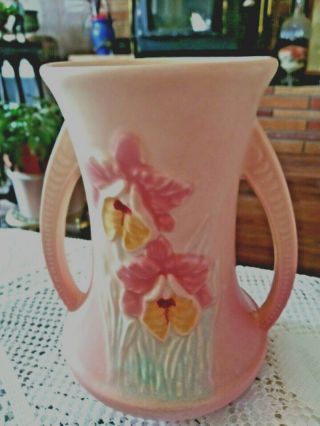 Hull Pottery Orchid Beige And Pink Handled 304 - 6 3/4 " Vase Two Handles Vtg