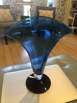 Vintage 1998 Blenko Hand Blown Clam Shell Vase Cobalt Blue Usa 11.  5” Signed