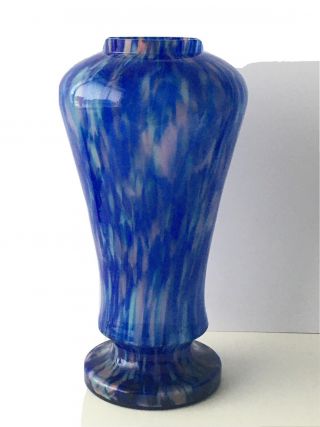 Art Deco 1930s Blue Pink Turquoise Splatter Glass Vase Czech.  27cm H 15cm D