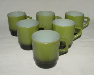Set Of Six Perfect Vintage Fire King Stacking Avocado Green/black Coffee Mugs