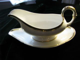 Vintage Gold And White Porcelain Gravy Boat And Underplate