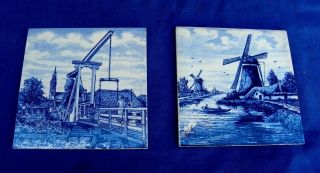 2 Vtg Delft 6” Blue Handpainted Ceramic Tile Kwakelbrug Edam Bridge & Windmills
