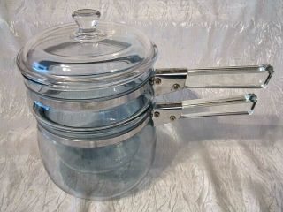 Vintage 3 Pc Pyrex Usa 6763 Flameware Glass Double Boiler Pot & Lid 1 1/2 Qt