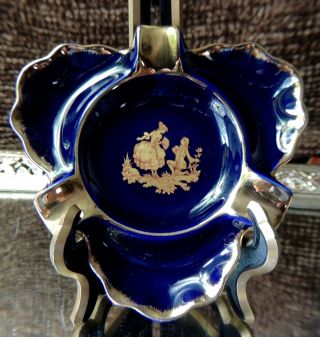 Vintage Limoges France Cobalt Blue And Gold Courting Scene Ashtray
