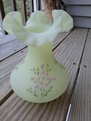 Vintage Fenton Custard Uranium Vaseline Signed Hand Painted Floral Vase