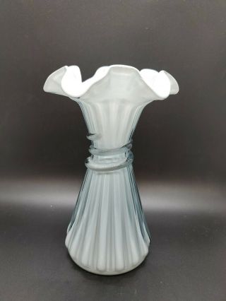 Fenton Cased Glass Blue And White Ribbed Ruffled Edge Wheat Vase