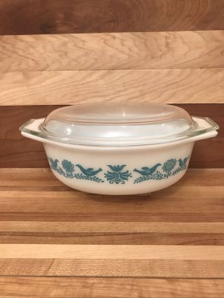 Vintage Pyrex 043 Blue Bird Turquoise Oval 1 1/2 Qt Casserole With Cover Lid