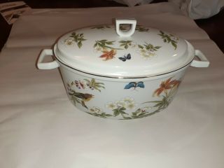 Covered Oval Soup Tureen/serving Dish With Butterflies/bird/floral Embellishm 