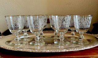 8 Wine Glasses Goblets Mid Century Gold Rim Etched Stemware Toasting Barware