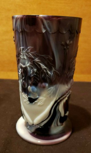 Antique Purple White Marble Slag Glass Footed Cup Vase