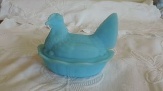 Fenton 1970 - 80s Blue Satin Glass Hen On Nest/basket Coverd Dish Spring Easter