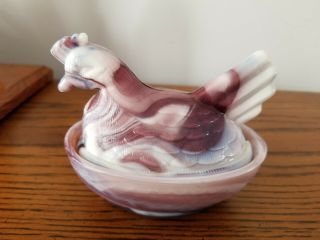 Vintage Heisey Glass Purple Slag Milk Glass Hen On Nest W/ Lid Candy Dish 4.  25 "