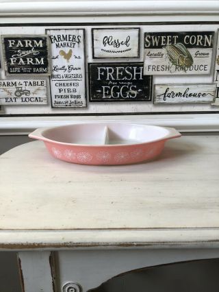 Vintage Pyrex Pink Daisy Cinderella Divided Casserole Dish,  1.  5 Qt,  No Lid