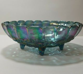Vintage Large Blue Carnival Glass Iridescent Grape Harvest Oval Bowl 12x9 Footed