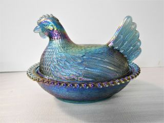 Vintage Carnival Blue Indiana Glass Iridescent Chicken Hen On Nest Candy Dish 5 "