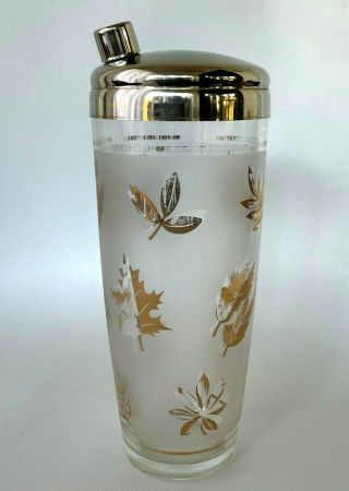 Vintage Libbey Glass Gold Leaf Frosted Cocktail Martini Shaker Chome Top