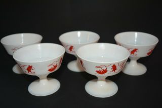 Set Of 5 Vintage Hazel Atlas Milk Glass Custard Cups 3 Little Pigs Red White