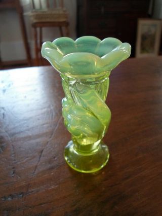Antique Fenton Yellow Vaseline Opalescent Glass Hand Vase