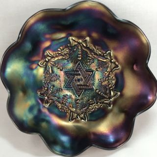 Northwood Carnival Glass Bowl Star Of David And Bows Pattern Footed Amethyst
