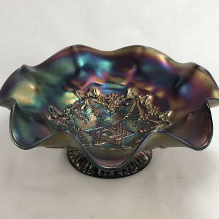 Northwood Carnival Glass Bowl Star Of David and Bows Pattern Footed Amethyst 2