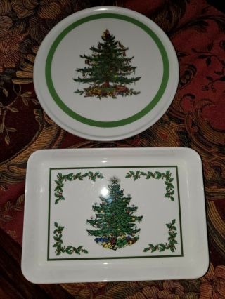 2 Spode Made In England Christmas Tree Shaped Dish Tray Candy Plates Trivet