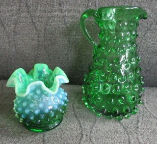 Vintage Fenton Green Opalescent Hobnail Vase & Hobnail Pitcher