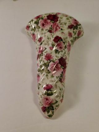 Vintage Porcelain Chintz Pink Red Roses Green Vines Wall Pocket Vase 7 1/2”