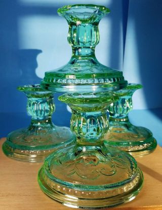 Vintage {4} Lime Green Depression Glass Candle Holders Hobnail Rim