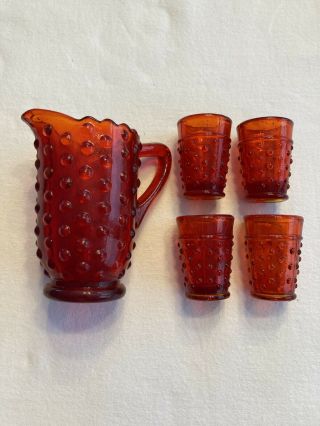 Doll Ruby Red Hobnail Glass Set With Pitcher,  One Glass Cracked