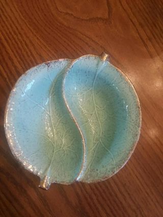 California Pottery Usa 725 Retro Turquoise Leaf Divided Serving Dish Nut Candy