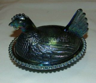 Vintage Blue Carnival Glass Chicken Hen On Basket Nest 7 " Covered Candy Dish