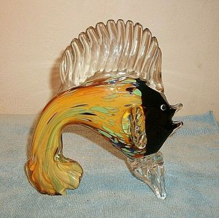 Art Glass Murano Style 8 " Tropical Fish Figurine Hand Blown Glass Org,  Grn,  Blk