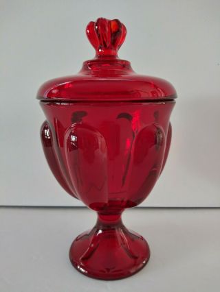 Vintage Viking Glass Ruby Red Pedestal Candy Dish W/lid,  Epic Six Petal Design