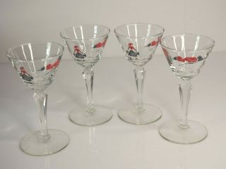 Vintage Libbey Down On The Farm Cocktail Wine Martini Glasses Set Of 4 Red Black