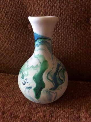6 1/2 " Nemadji Clay Pottery Vase - Blue Green Swirl Pattern