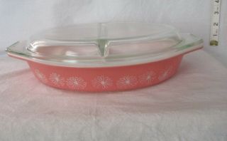 Vintage Pyrex " Pink Daisy " Divided Casserole Dish With Clear Lid.  1 1/2 Quart