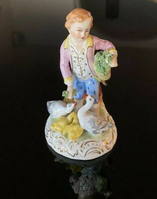 Dresden Bone China Boy Feeding Geese Ducks Figurine