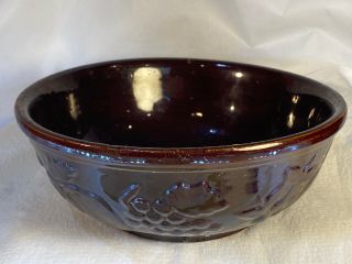 Vintage Brown Glazed Pottery Mixing Bowl With Grapes,  Apples,  & Cherries Usa