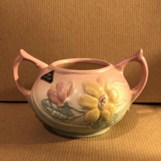 Hull Pottery Pink Magnolia Double Handle Open Sugar Bowl Paper Label