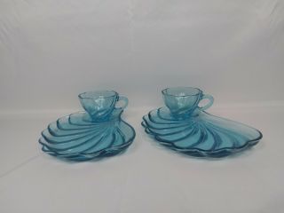 Vintage Set Of Atlas Capri Sea Shell Turquoise Glass Snack Tray Plate & Cups