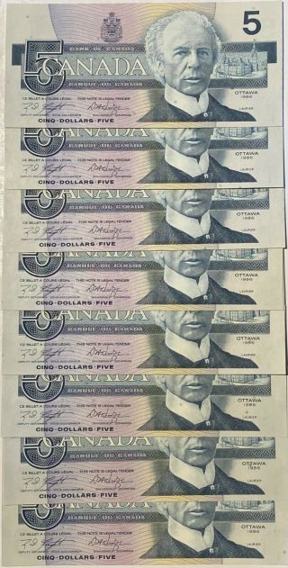 Canada 1986 8x $5 Dollars Bank Notes Gem Unc Cons.  Sn