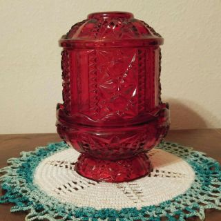Vintage Indiana Stars & Bars Flash Glass Ruby Red Fairy Lamp Candle Holder 6.  5 " T