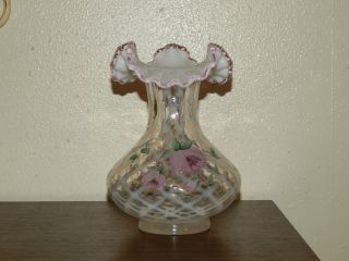 Vintage Fenton Hand Painted Vase Pink Crest Opalescent Diamond Signed M Mihaliak