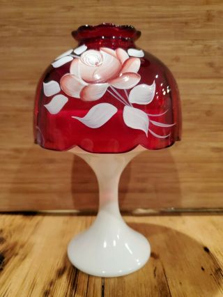 Westmoreland Ruby Red Fairy Lamp With Hand Painted Shade And Milk Glass Euc