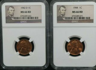 1942 D / 1944 1c Lincoln Penny Cent Ngc Ms66rd Set Of 2