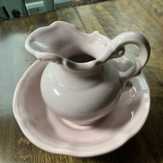 Vintage McCoy USA Pottery Pink Pitcher & Bowl Wash Basin 8” 2