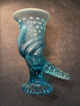 Vintage Blue Opalescent Glass Hobnail - Hand Cornucopia Vase - Horn Of Plenty